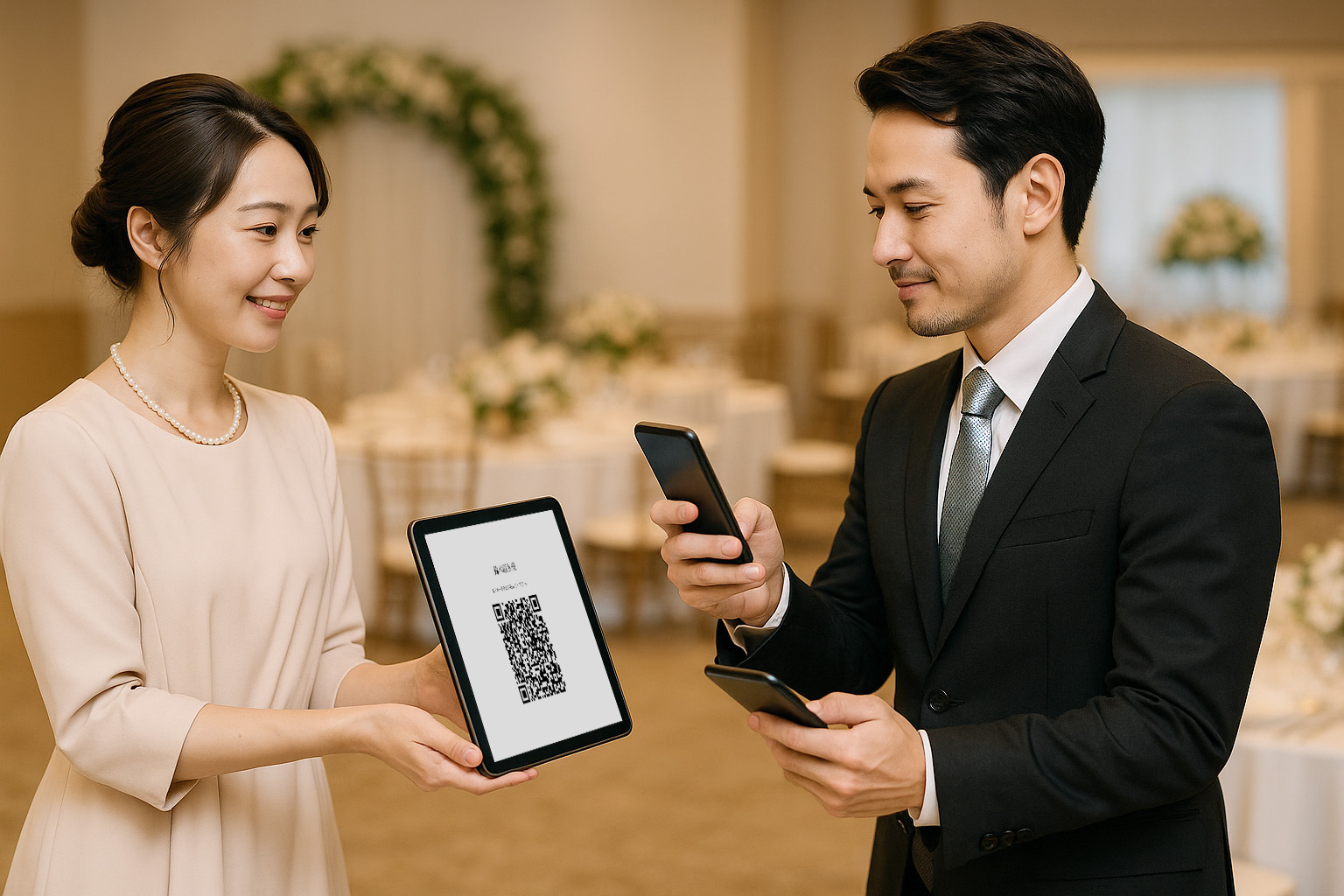 結婚式の受付でスマホ受付をする男性のイメージ