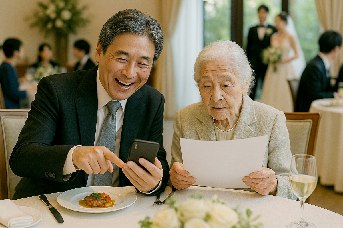 親族ゲストがスマホでメニューを確認するイメージ