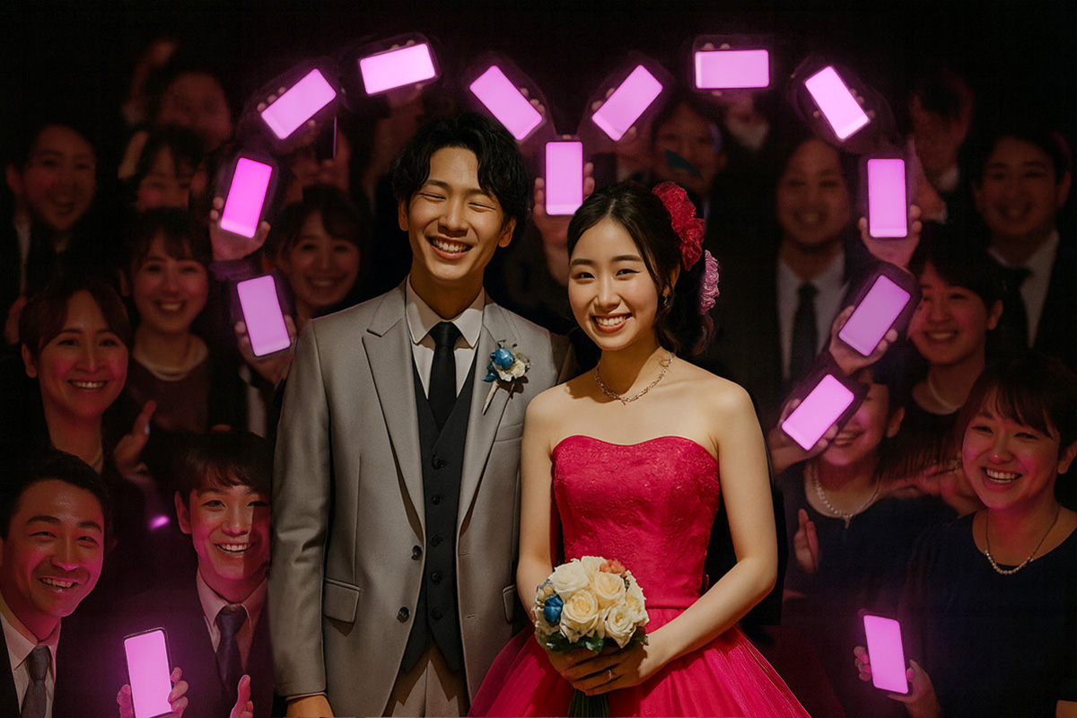 ドレス当てクイズのスマホで新郎新婦を囲むイメージ画像